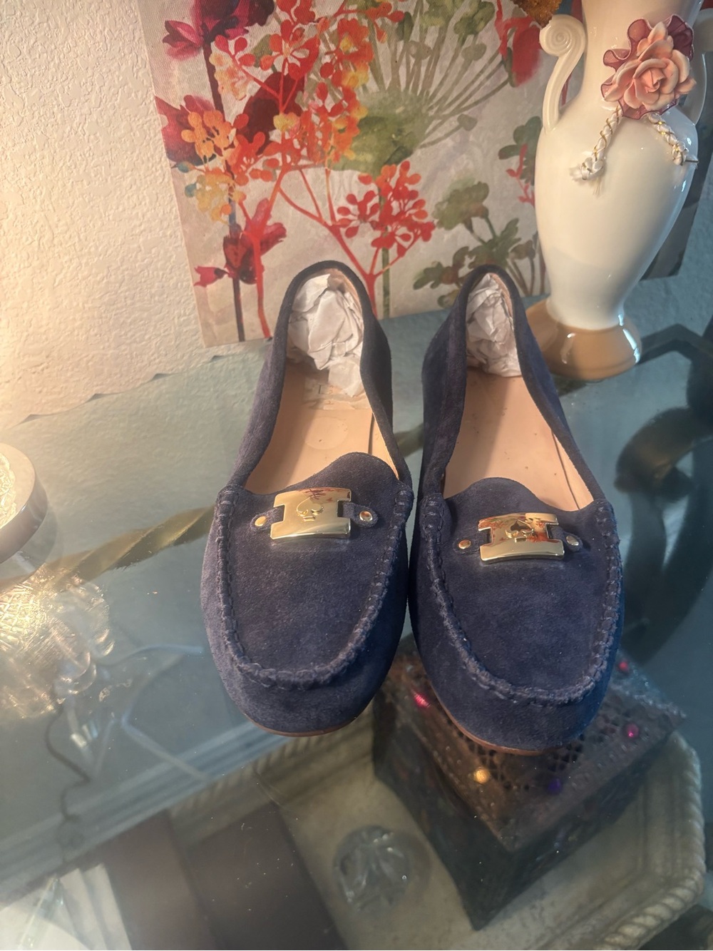 kate spade Navy Suede Loafers with Gold-tone Hardware